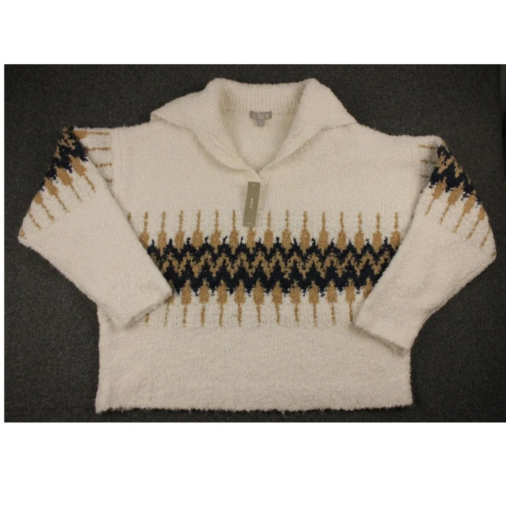 J. Crew Fair Isle Sweater Womens L NWT Boucle Johnny Collar Oversized Wool Blend